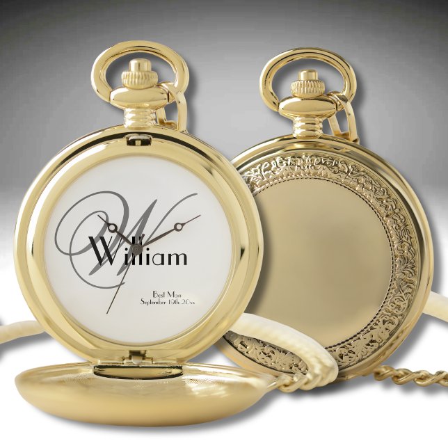 Wedding Best Man Gift Modern Monogram Name Classic Pocket Watch (Great Weddings Best Man Gift! Elegant Monogram plus Name = Classic Gold Casing Pocket Watch.)