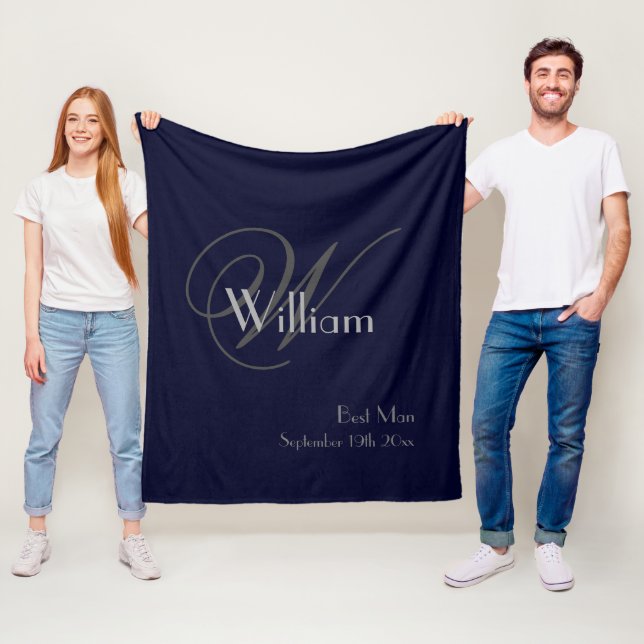 Wedding Best Man Gift Modern Monogram Navy Blue  Fleece Blanket (In Situ)