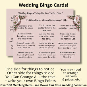 Wedding BINGO! Game for Guests Dove Roses Pink Card