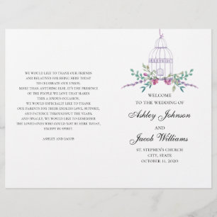 Wedding birdcage program folded. Purple flowers