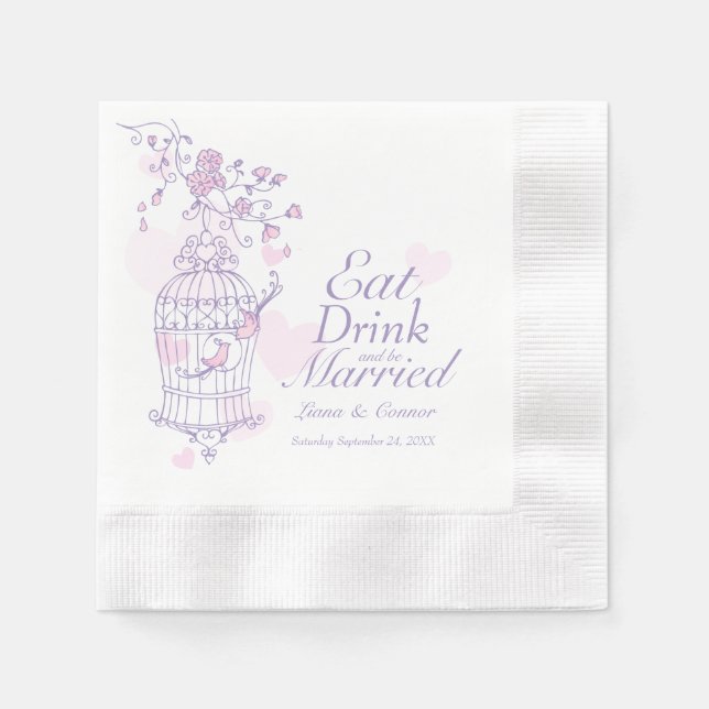 Wedding birds eat drink be married purple napkins (Front)