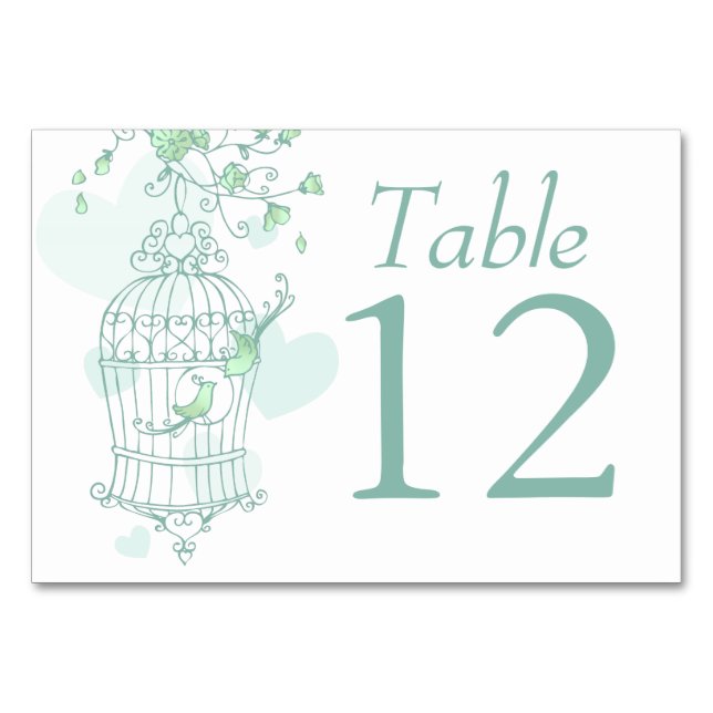 Wedding birds open birdcage green table numbers (Front)