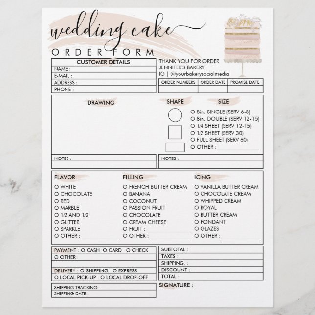 Wedding Birthday Bakery Cake Order Form Flyer (Front)