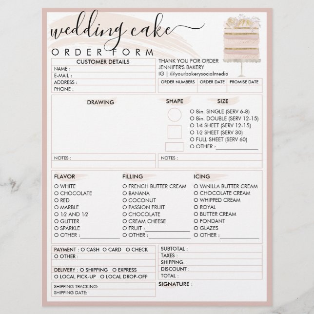 Wedding Birthday Elegant Bakery Cake Order Form Flyer (Front)