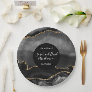 Wedding Black and Gold Glitter Agate Paper Plates