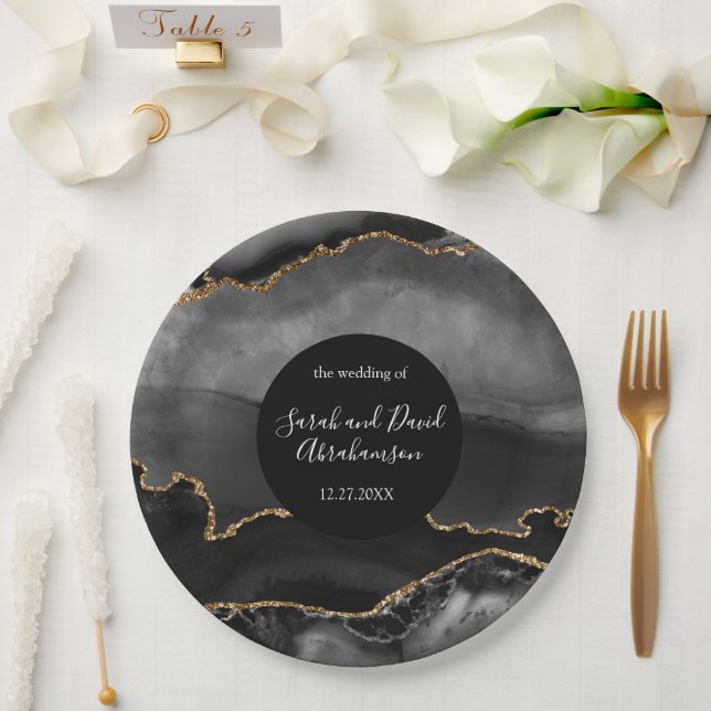 Wedding Black and Gold Glitter Agate Paper Plates (Wedding)