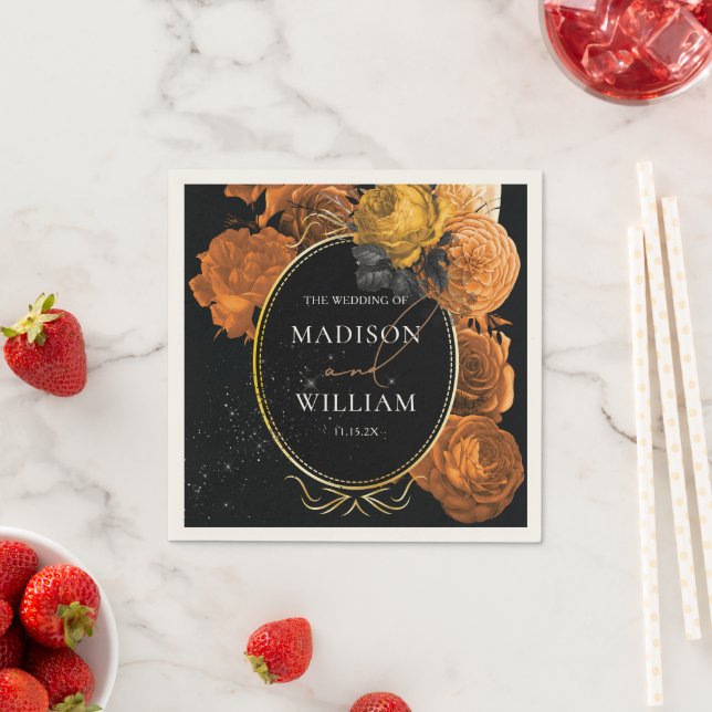 Wedding Black and Orange Floral Personalized Napkins (Insitu)