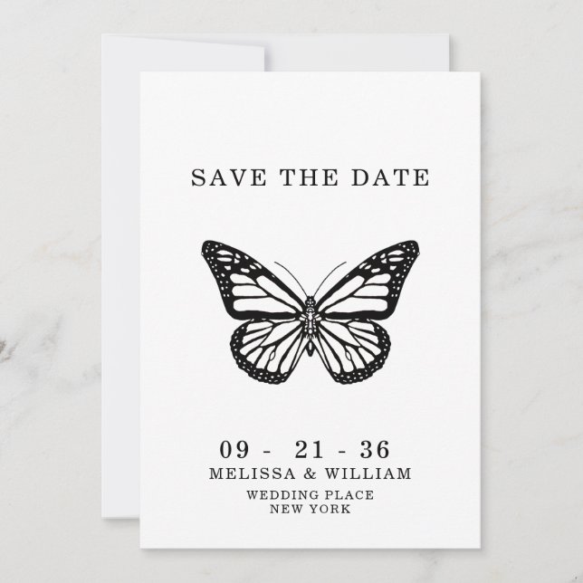 Wedding Black and White Butterfly Save The Date (Front)