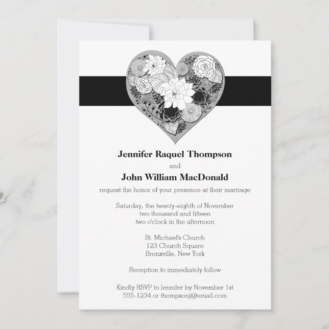 Wedding | Black and White | Floral | Heart Invitation (Front)