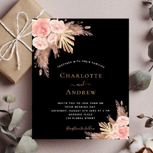 Wedding black boho pampas rose budget invitation flyer