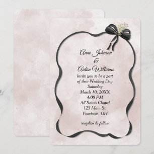 Wedding Black Bow and Ribbon on Watercolor Invitation