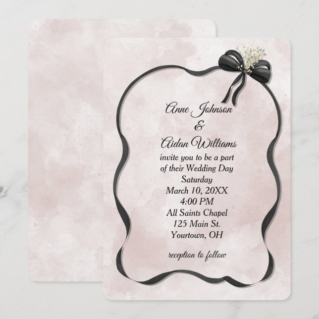 Wedding Black Bow and Ribbon on Watercolor Invitation (Front/Back)