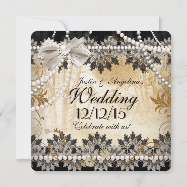 Wedding Black Cream Beige Lace Asian Floral Invitation (Front)