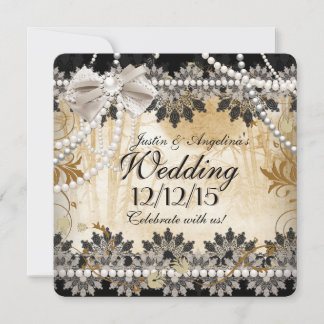 Wedding Black Cream Beige Lace Asian Floral Invitation