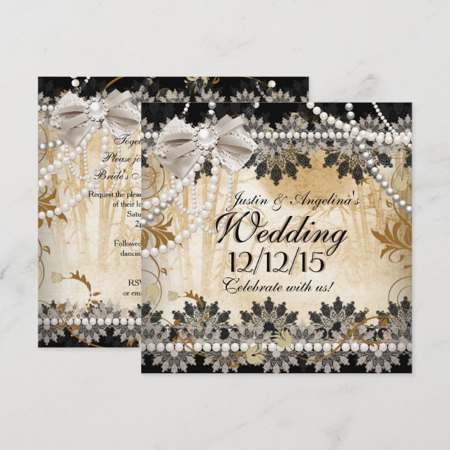 Wedding Black Cream Beige Lace Asian Floral Invitation (Front/Back)