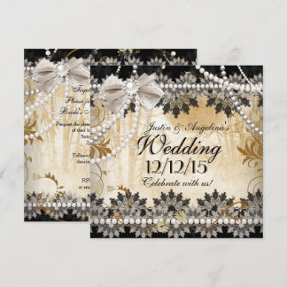 Wedding Black Cream Beige Lace Asian Floral Invitation