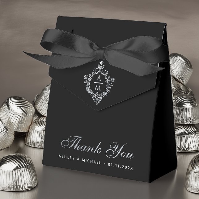 Wedding Black Elegant Monogram in Crest Monochrome Favor Boxes (Creator Uploaded)