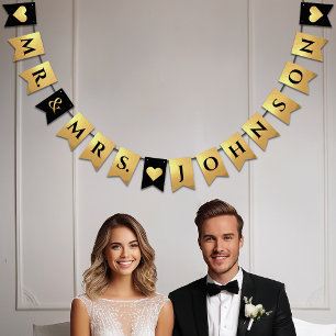 Wedding Black Faux Gold Hearts Mr & Mrs Last Name Bunting Flags