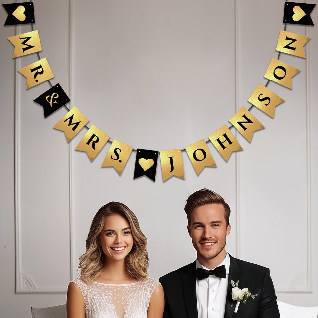 Wedding Black Faux Gold Hearts Mr & Mrs Last Name Bunting Flags (Creator Uploaded)
