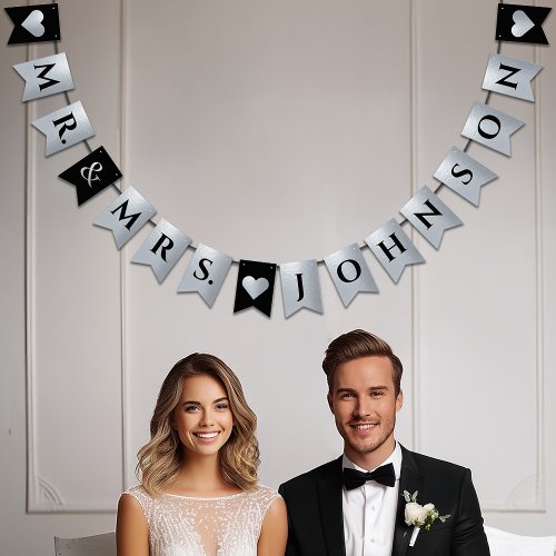 Wedding Black Faux Silver Foil Hearts Mr and Mrs Bunting Flags