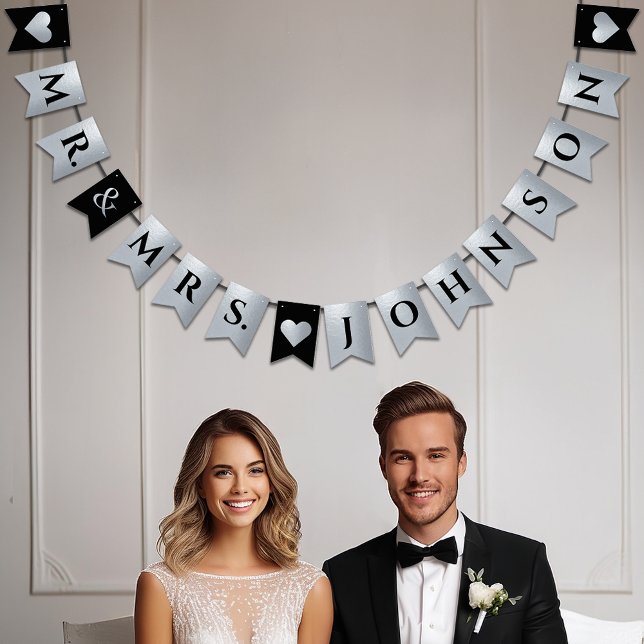 Wedding Black Faux Silver Foil Hearts Mr. and Mrs. Bunting Flags (Creator Uploaded)
