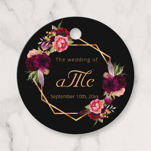 Wedding black floral monogram initials favor tags