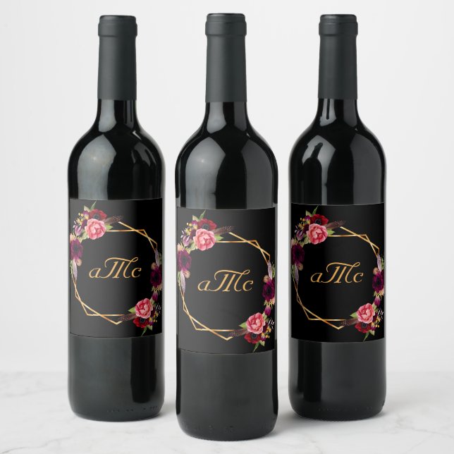 Wedding black flowers burgundy monogram initials wine label (Bottles)