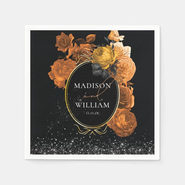 Wedding Black Glitter details and Orange Floral  Napkins (Front)