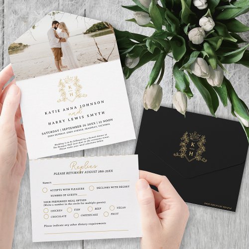 Wedding black gold crown crest monogram photo all in one invitation