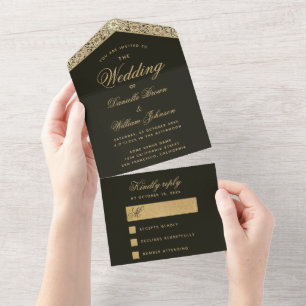 Wedding Black Gold Elegant Vintage Floral Script All In One Invitation