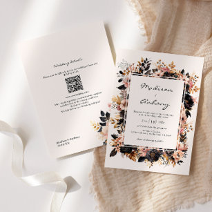 Wedding Black & Gold Floral QR Code 2 in 1 Invitation