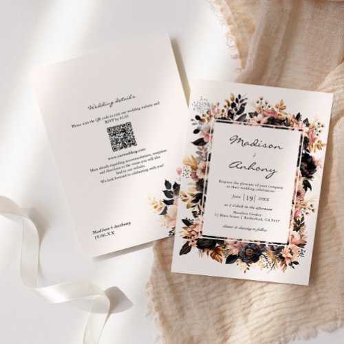 Wedding Black  Gold Floral QR Code 2 in 1 Invitation