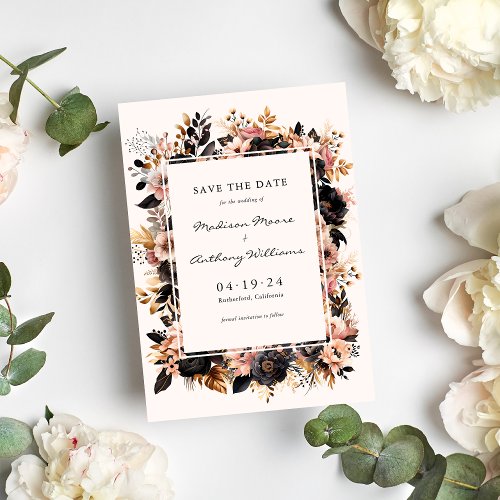 Wedding Black  Gold Floral Save The Date Card