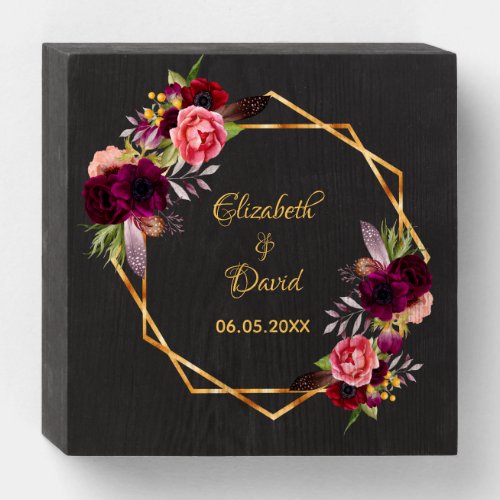 Wedding black gold florals geometric names wooden box sign