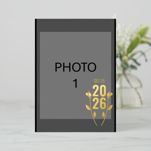 Wedding Black Gold Foil Photo Invitation Card (Standing Front)