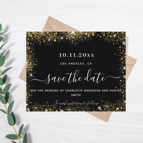 Wedding black gold glitter budget save date