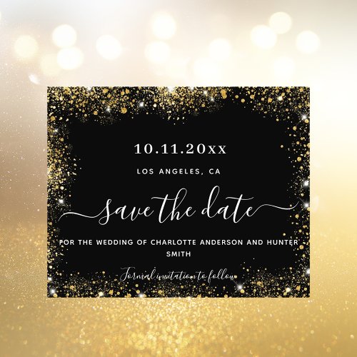 Wedding black gold glitter budget save date flyer