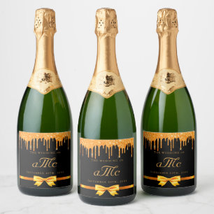 Wedding black gold glitter drip couple monogram sparkling wine label