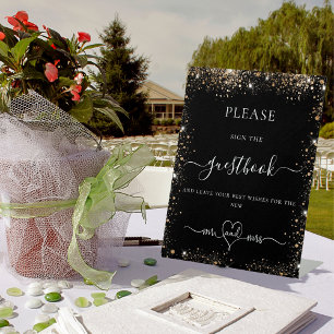 Wedding black gold glitter guest book sign