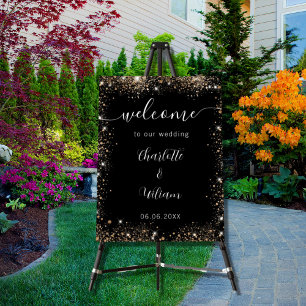 Wedding black gold glitter names script welcome foam board
