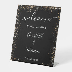Wedding black gold glitter names script welcome pedestal sign
