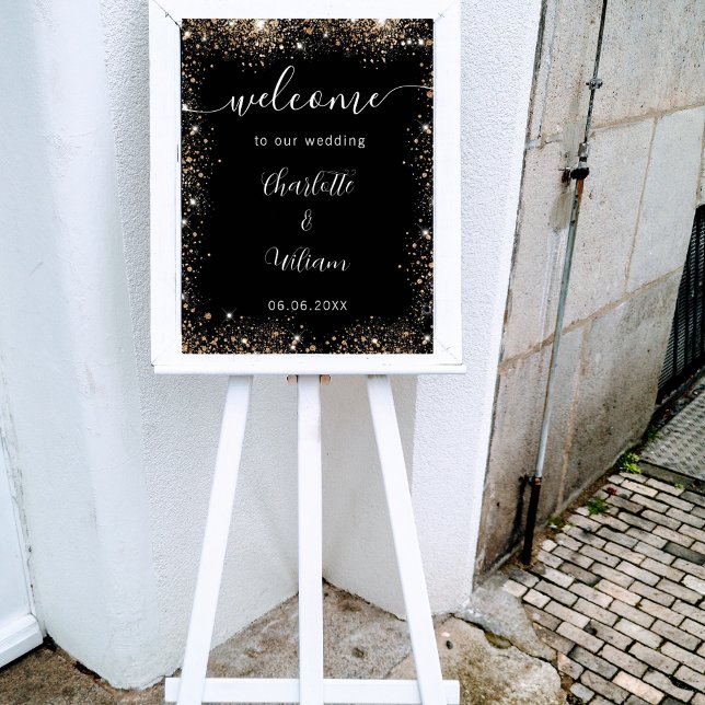 Wedding black gold glitter names script welcome poster (Creator Uploaded)