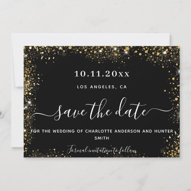 Wedding black gold glitter save the date (Front)