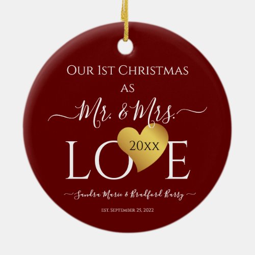 Wedding Black Gold Heart christmas Name Mr  Mrs Ce Ceramic Ornament