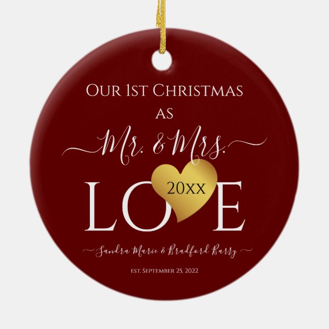 Wedding Black Gold Heart christmas Name Mr  Mrs Ce Ceramic Ornament (Back)