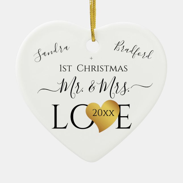 Wedding Black Gold Heart christmas Name Mr  Mrs Ce Ceramic Ornament (Front)