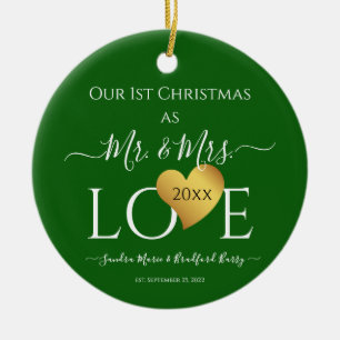 Wedding Black Gold Heart christmas Name Mr Mrs Ce Ceramic Ornament