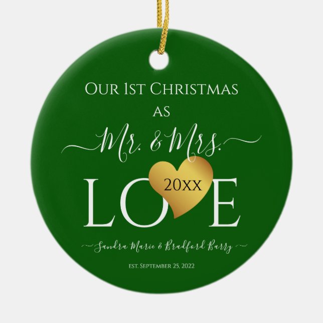 Wedding Black Gold Heart christmas Name Mr  Mrs Ce Ceramic Ornament (Front)