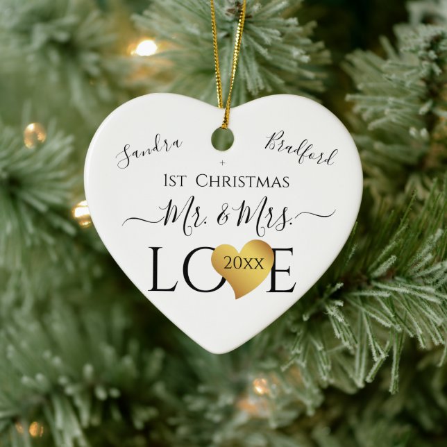 Wedding Black Gold Heart christmas Name Mr  Mrs Ce Ceramic Ornament (Tree)