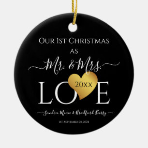 Wedding Black Gold Heart christmas Name Mr Mrs Ceramic Ornament